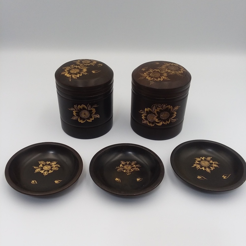 Vintage Maruni Lacquerware Set 2 Canisters 3 Bowls Floral Design Occupied‎ Japan